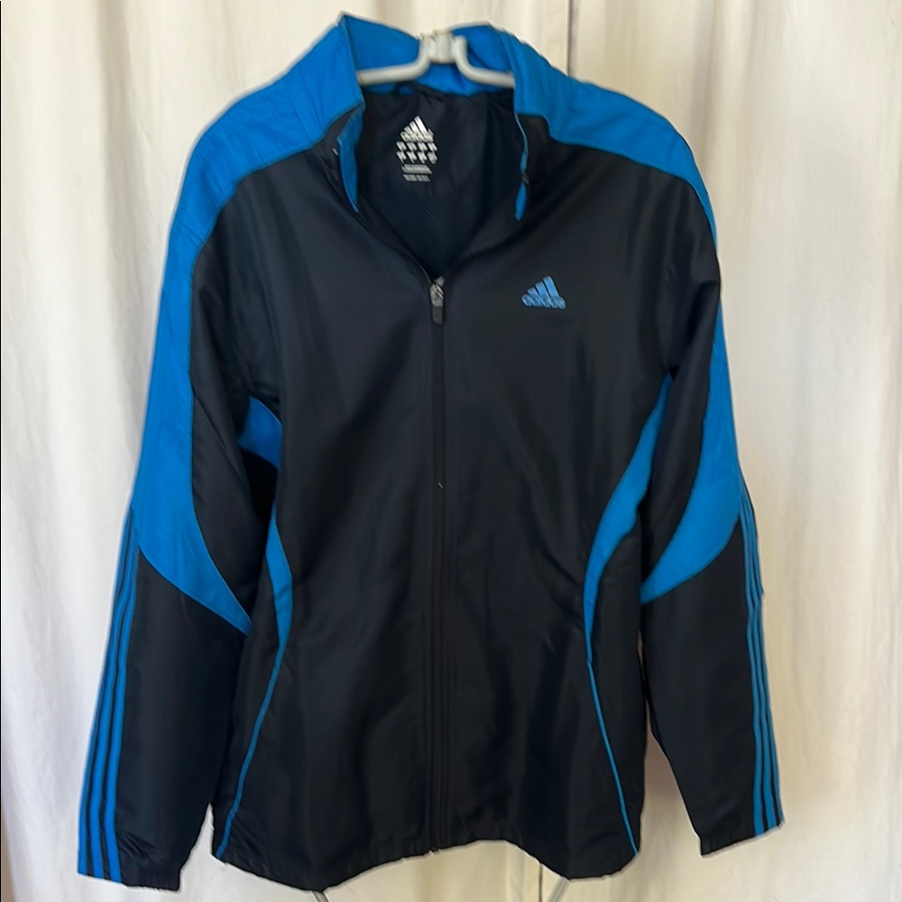 Adidas Black and Blue warm up track Sports Jacket #88387 #40322 hood S Men’s